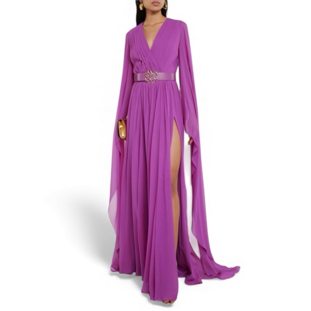 Elie Saab
Pleated V-Neck Belted Slit Silk Dress - Picture 2 of 16